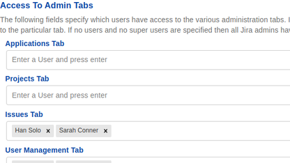 Secure Admin for Jira showing user access controls for individual administration tabs
